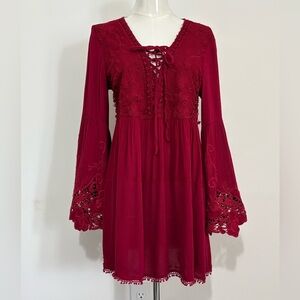 HAZEL, Deep Burgundy Red, Gauzy Lace-Up Long Sleeve Dress or Top, Size M, GUC